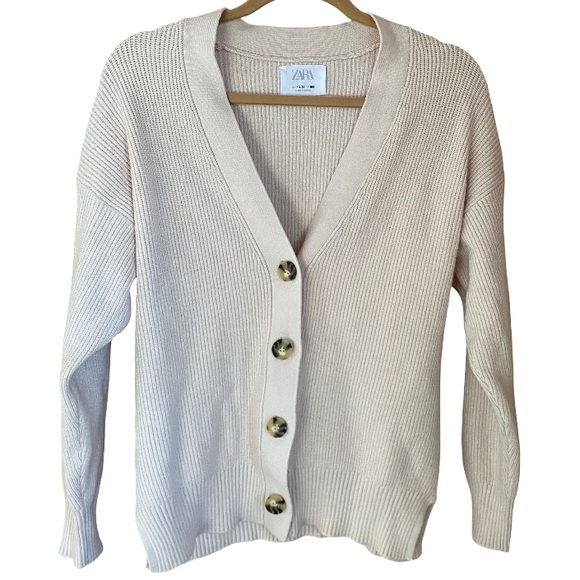 ZARA girls’ ribbed knit button down cream v-neck cardigan size 13-14 - Picture 1 of 7